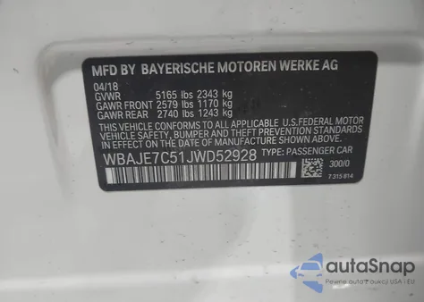 2018 BMW 540I xDrive из США, поврежденный, VIN WBAJE7C51JWD52928